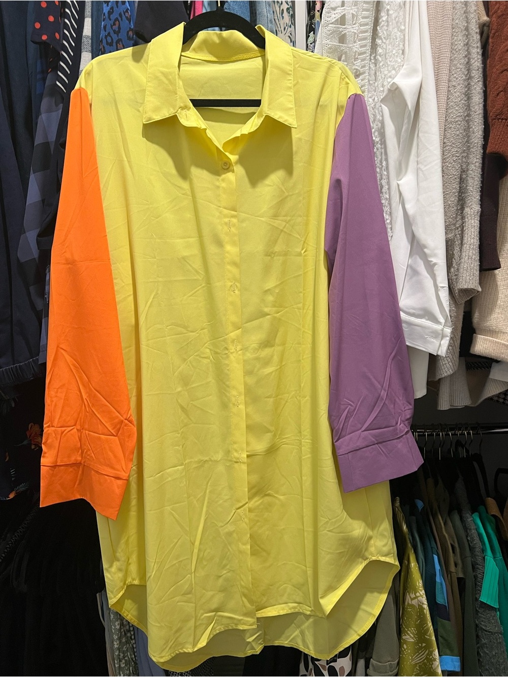 Women's Color-Block Button-Up Shirt Dress in Yellow with Orange & Purple Sleeves